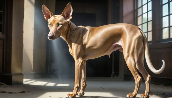 HQ,solo,looking at viewer,closed mouth,green eyes,full body,day,indoors,no humans,window,shadow,animal,sunlight,cat,realistic,animal focus,mouse,whiskers,standing,tail