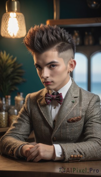 solo,looking at viewer,short hair,shirt,black hair,long sleeves,1boy,bow,jewelry,closed mouth,jacket,white shirt,upper body,male focus,earrings,striped,collared shirt,indoors,bowtie,blurry,black eyes,buttons,blurry background,piercing,formal,table,suit,freckles,realistic,grey jacket,lamp,very short hair,undercut,traditional bowtie,bar (place),sitting,vest,grey eyes,own hands together,ear piercing,brown jacket,striped bow,stud earrings,mohawk