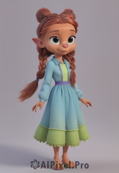 1girl,solo,long hair,smile,simple background,brown hair,long sleeves,dress,twintails,closed mouth,green eyes,standing,full body,braid,barefoot,pointy ears,grey background,twin braids,blue dress,child,furry,freckles,furry female,female child,white background,red hair,no humans