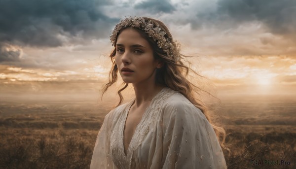 1girl,solo,long hair,breasts,looking at viewer,blue eyes,brown hair,hair ornament,dress,cleavage,brown eyes,closed mouth,upper body,flower,outdoors,sky,cloud,hair flower,white dress,lips,cloudy sky,sunset,realistic,nose,head wreath,field,sunlight,scenery