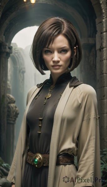 1girl,solo,breasts,looking at viewer,short hair,bangs,blue eyes,brown hair,long sleeves,dress,brown eyes,jewelry,medium breasts,standing,upper body,parted lips,open clothes,belt,necklace,blurry,black dress,lips,blurry background,bob cut,cross,robe,realistic,nose,brown belt,pillar,arch,column,gloves,earrings,freckles