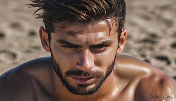 solo,short hair,brown hair,black hair,1boy,closed mouth,closed eyes,upper body,male focus,nude,shiny,blurry,wet,shiny skin,muscular,blurry background,facial hair,thick eyebrows,pectorals,muscular male,portrait,bara,facing viewer,beard,close-up,topless male,mature male,realistic,mustache,chest hair,smile,sweat,lips,scar,wet hair,undercut