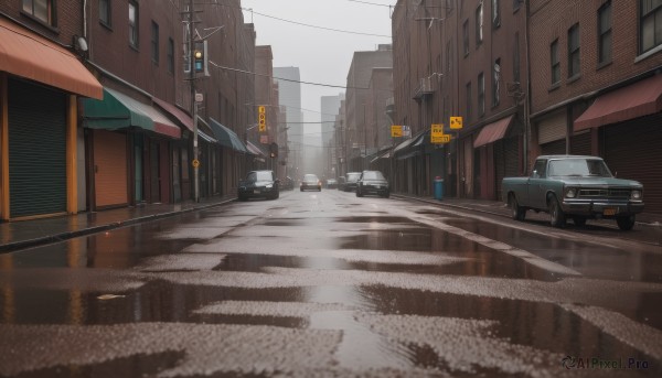 outdoors,sky,day,no humans,window,ground vehicle,building,scenery,motor vehicle,reflection,city,sign,chinese text,car,road,power lines,lamppost,street,utility pole,road sign,traffic light,truck,crosswalk,cloud,rain,cityscape,sidewalk