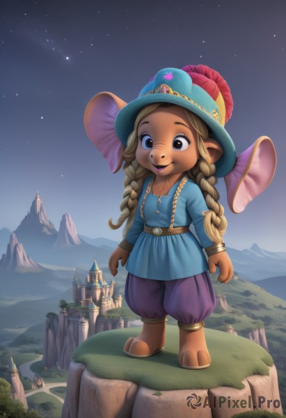 1girl,solo,long hair,smile,blonde hair,brown hair,shirt,long sleeves,hat,brown eyes,jewelry,closed mouth,standing,full body,braid,outdoors,sky,pointy ears,belt,pants,artist name,black eyes,twin braids,flat chest,night,brown footwear,feathers,blue shirt,building,child,star (sky),night sky,furry,blue headwear,starry sky,mountain,furry female,female child,hat feather,castle,purple pants,puffy pants,open mouth,collarbone,flower,shoes,signature,dark skin,tree,buttons,watermark,grass,scenery,arms at sides,hat flower,mountainous horizon,shooting star,cliff