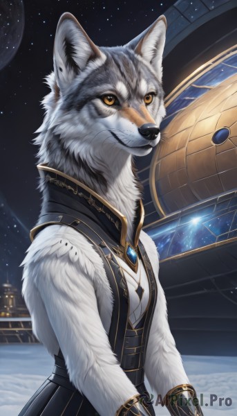 solo,looking at viewer,smile,1boy,animal ears,jewelry,closed mouth,standing,yellow eyes,upper body,male focus,outdoors,sky,artist name,vest,orange eyes,no humans,night,watermark,moon,wolf ears,brooch,gem,star (sky),night sky,furry,starry sky,colored sclera,space,furry male,body fur,white fur,planet,wolf,constellation,grey fur,1girl,breasts,dress,small breasts,animal