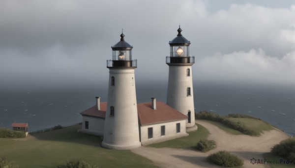 outdoors,sky,day,cloud,water,blue sky,no humans,window,bird,ocean,cloudy sky,grass,building,scenery,door,horizon,clock,house,tower,chimney,lighthouse,beach,bush,shore,path,clock tower