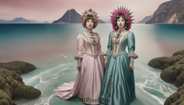 looking at viewer,short hair,multiple girls,brown hair,black hair,long sleeves,dress,2girls,jewelry,closed mouth,standing,closed eyes,outdoors,parted lips,sky,day,puffy sleeves,water,necklace,nail polish,makeup,blue dress,holding hands,ocean,beach,crown,lipstick,gem,pink dress,wading,rock,mountain,long dress,arms at sides,red lips,waves,mountainous horizon,shore,red gemstone,aqua dress,siblings,sisters,brooch,green dress