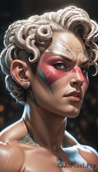 1girl,solo,looking at viewer,short hair,brown hair,brown eyes,jewelry,collarbone,white hair,earrings,parted lips,horns,teeth,dark skin,dark-skinned female,lips,tattoo,makeup,facial mark,portrait,realistic,nose,stud earrings,facepaint,sheep horns,bodypaint,cleavage,upper body,eyelashes,piercing,backlighting,facial tattoo