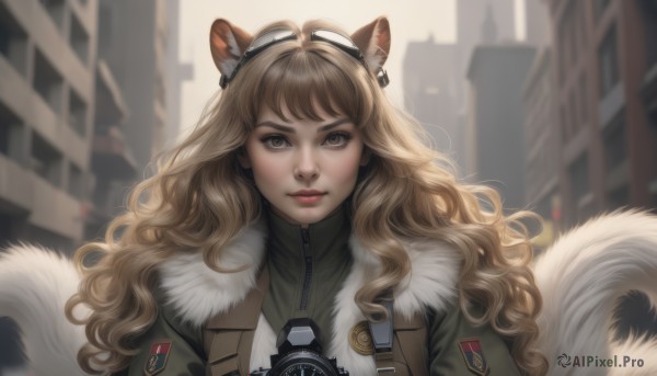 1girl,solo,long hair,looking at viewer,smile,bangs,blonde hair,brown hair,animal ears,brown eyes,jacket,tail,upper body,ahoge,outdoors,blurry,lips,fur trim,depth of field,blurry background,wavy hair,goggles,building,zipper,curly hair,goggles on head,realistic,bomber jacket,closed mouth,day,uniform,coat,animal ear fluff,backlighting,green jacket,city,emblem