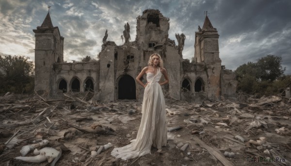 1girl,solo,long hair,breasts,brown hair,dress,bare shoulders,standing,outdoors,sky,cloud,dark skin,white dress,tree,cloudy sky,building,scenery,hands on hips,long dress,ruins,statue,rubble,blonde hair,jewelry,necklace,dark-skinned female,hand on hip,wedding dress,realistic,church