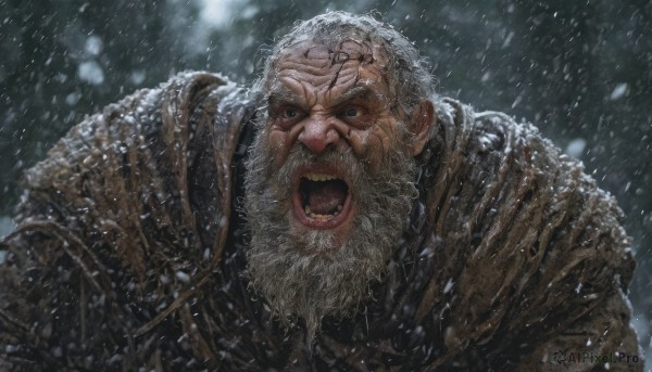 solo,looking at viewer,open mouth,1boy,upper body,white hair,male focus,outdoors,teeth,armor,blurry,facial hair,beard,snow,snowing,realistic,mustache,old,old man,short hair,blue eyes,grey hair,tongue,scar,angry,scar on face,scar across eye,manly,shouting,screaming