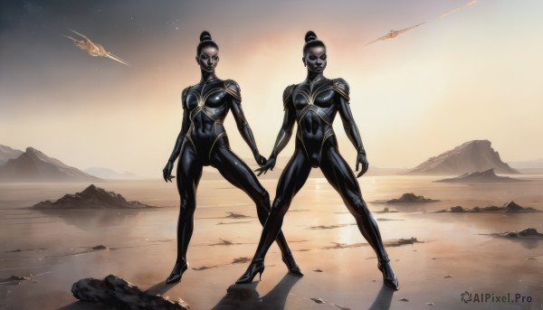 breasts,looking at viewer,multiple girls,2girls,medium breasts,standing,full body,outdoors,sky,hair bun,high heels,bodysuit,mask,single hair bun,skin tight,science fiction,mountain,aircraft,sand,black bodysuit,spacecraft,desert,helicopter,no humans,holding hands,alien