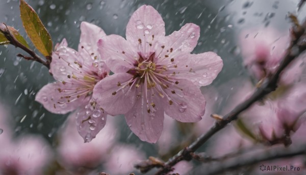 flower, outdoors, signature, blurry, no humans, depth of field, bug, cherry blossoms, pink flower, realistic, branch, still life