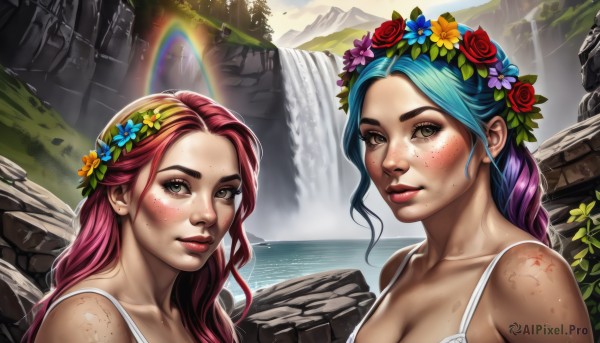 long hair,breasts,looking at viewer,blush,smile,multiple girls,hair ornament,2girls,cleavage,bare shoulders,brown eyes,medium breasts,green eyes,blue hair,collarbone,upper body,pink hair,purple hair,braid,flower,red hair,multicolored hair,outdoors,parted lips,day,artist name,hair flower,water,two-tone hair,lips,wet,grey eyes,eyelashes,aqua hair,makeup,leaf,grass,lipstick,red flower,eyeshadow,freckles,rock,realistic,nose,red lips,head wreath,rainbow,dirty,waterfall,mascara,bangs,closed mouth,signature,twin braids,portrait,pink flower,blue flower,yellow flower,purple flower,artist logo,orange flower,flower wreath,rainbow hair