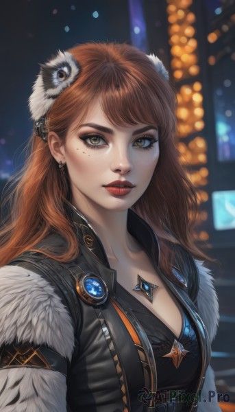 1girl,solo,long hair,breasts,looking at viewer,bangs,brown hair,hair ornament,cleavage,brown eyes,jewelry,medium breasts,jacket,upper body,earrings,parted lips,open clothes,artist name,necklace,mole,blurry,lips,black jacket,fur trim,eyelashes,mole under eye,makeup,depth of field,blurry background,feathers,lipstick,gem,eyeshadow,freckles,realistic,nose,red lips,eyeliner,mascara,closed mouth,yellow eyes,orange hair