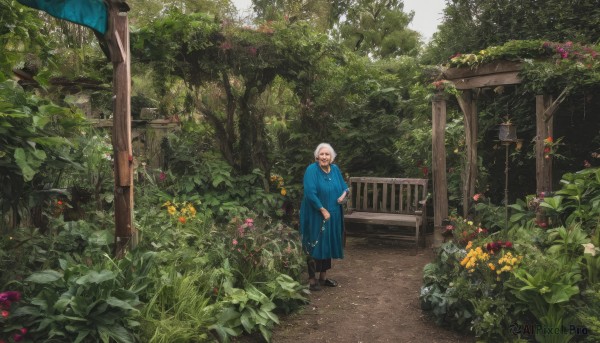 1girl,solo,smile,long sleeves,1boy,dress,holding,jewelry,standing,flower,white hair,male focus,outdoors,shoes,day,pants,black footwear,tree,book,facial hair,plant,nature,scenery,beard,sign,bush,wide shot,old,old man,cane,old woman,garden,looking at viewer,short hair,boots,glasses,blue dress,leaf,orange flower