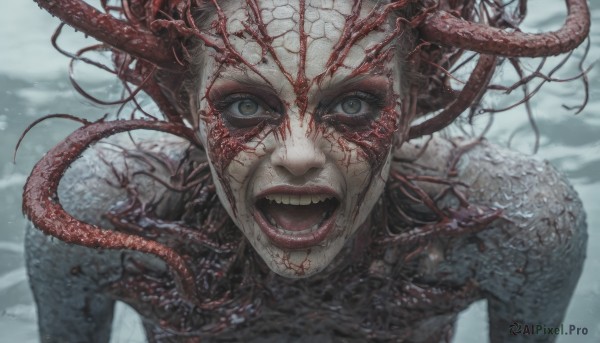 1girl,solo,looking at viewer,smile,open mouth,outdoors,teeth,blurry,grey eyes,monster girl,tentacles,monster,realistic,alien,horror (theme),eldritch abomination,tongue,lips,blood,close-up,veins,blood on face,scales