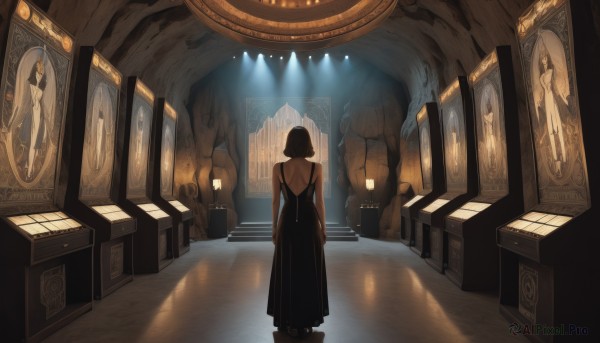 1girl,solo,short hair,black hair,dress,bare shoulders,standing,sleeveless,indoors,from behind,black dress,sleeveless dress,shadow,scenery,walking,stairs,backless outfit,arms at sides,facing away,backless dress,wide shot,pillar,statue,chandelier,bare arms,window,back,reflection,fantasy,long dress,light,dark,reflective floor