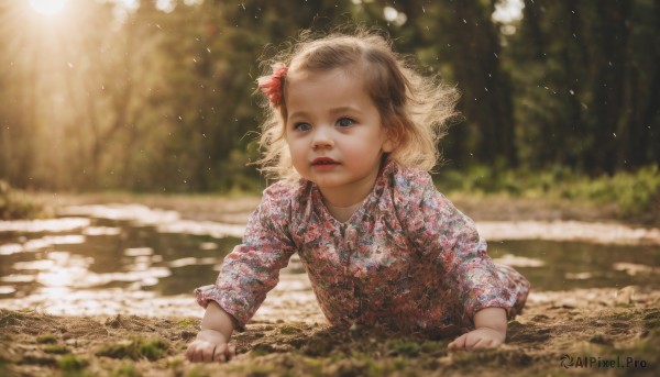 1girl,solo,short hair,blue eyes,blonde hair,brown hair,shirt,long sleeves,dress,bow,ribbon,hair ribbon,upper body,hair bow,outdoors,parted lips,day,blurry,tree,lips,depth of field,blurry background,sunlight,child,nature,forest,light rays,realistic,female child,dirty,looking at viewer,open mouth