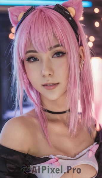 1girl,solo,long hair,breasts,looking at viewer,smile,bangs,blue eyes,animal ears,cleavage,bare shoulders,collarbone,upper body,pink hair,hairband,small breasts,parted lips,teeth,choker,cat ears,off shoulder,blurry,lips,clothing cutout,blurry background,fake animal ears,black choker,cleavage cutout,realistic,nose,eyelashes,depth of field,cat ear headphones