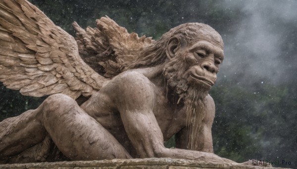 solo,smile,1boy,closed mouth,male focus,nude,wings,sky,from side,facial hair,parody,star (sky),feathered wings,beard,starry sky,angel wings,realistic,angel,old,old man,statue,multiple wings,arm hair,fine art parody,lying,on stomach,giant,wrinkled skin