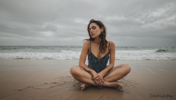 1girl,solo,long hair,breasts,brown hair,black hair,cleavage,jewelry,medium breasts,sitting,closed mouth,full body,closed eyes,earrings,outdoors,barefoot,day,cloud,water,nail polish,lips,ocean,beach,cloudy sky,camisole,realistic,sand,indian style,waves,grey sky,bare shoulders,collarbone,parted lips,sky,shorts,artist name,dark skin,mole,feet,dark-skinned female,toes,watermark,soles,tank top,facing viewer,red nails,web address,toenails,hoop earrings,nose,horizon,toenail polish,spaghetti strap,on ground,shore,dirty feet