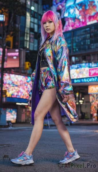 1girl,solo,long hair,breasts,looking at viewer,bangs,long sleeves,jewelry,closed mouth,standing,jacket,full body,pink hair,outdoors,open clothes,shoes,shorts,midriff,medium hair,necklace,nail polish,blurry,from side,open jacket,lips,coat,legs,short shorts,bare legs,blurry background,ring,sneakers,walking,blue footwear,city,realistic,neon lights,shirt,multicolored hair,earrings,small breasts,parted lips,blunt bangs,crop top,sleeves past wrists,black shirt,makeup,night,watermark,piercing,road,midriff peek,street,fashion,nike,crosswalk