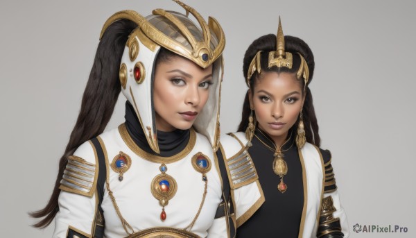 long hair,looking at viewer,multiple girls,simple background,brown hair,black hair,2girls,twintails,brown eyes,jewelry,closed mouth,upper body,braid,dark skin,grey background,armor,dark-skinned female,lips,grey eyes,hair tubes,helmet,gem,gold trim,realistic,hair ornament,white background,earrings,headdress,dreadlocks