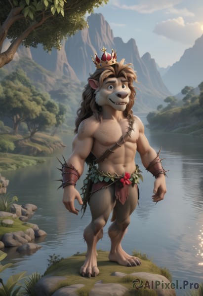 solo,long hair,looking at viewer,smile,blue eyes,brown hair,1boy,navel,animal ears,jewelry,nipples,standing,tail,full body,flower,male focus,outdoors,sky,teeth,day,cloud,water,stomach,bracelet,tree,muscular,abs,sunlight,thick eyebrows,grass,crown,pectorals,plant,sharp teeth,muscular male,nature,bara,claws,furry,forest,toned,topless male,rock,mountain,sun,furry male,body fur,chest hair,loincloth,river,brown fur,cliff,pond,artist name,leaf,watermark,scenery,freckles,reflection,vines,lion ears,lake