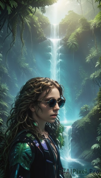 1girl,solo,long hair,blue eyes,brown hair,1boy,jacket,upper body,male focus,outdoors,open clothes,artist name,signature,water,tree,lips,black jacket,leaf,watermark,wavy hair,sunlight,sunglasses,plant,nature,forest,curly hair,light rays,realistic,nose,waterfall,jewelry,closed mouth,closed eyes,day,necklace,from side,scenery,web address,vines,dappled sunlight,moss