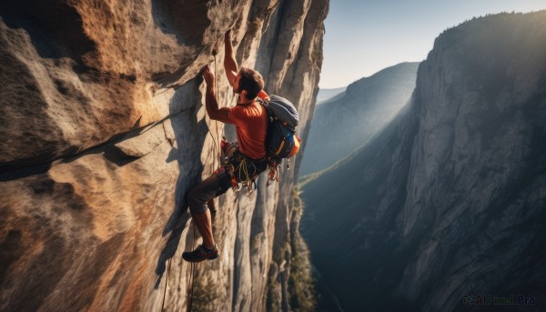 solo,short hair,brown hair,shirt,black hair,long sleeves,1boy,jacket,male focus,outdoors,shoes,pants,hood,bag,black footwear,arm up,mask,black pants,backpack,red shirt,scenery,mountain,cliff,full body,sky,day,belt,tree,glowing,hood down,sneakers,red jacket,wide shot