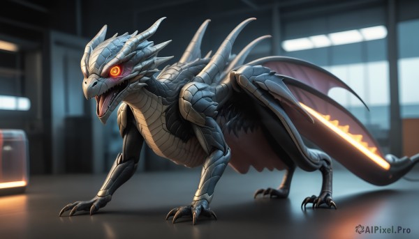 HQ,solo,open mouth,red eyes,tail,full body,wings,teeth,tongue,indoors,blurry,orange eyes,no humans,glowing,fangs,sharp teeth,glowing eyes,claws,monster,dragon,scales,kaijuu,looking at viewer,standing,yellow eyes,colored sclera