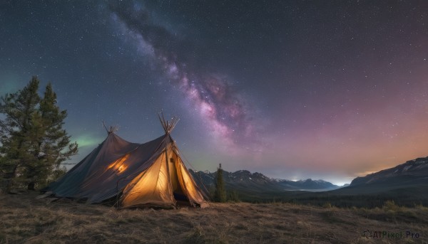 outdoors,sky,cloud,tree,no humans,night,grass,star (sky),nature,night sky,scenery,forest,starry sky,mountain,mountainous horizon,tent,milky way,fire,landscape,campfire