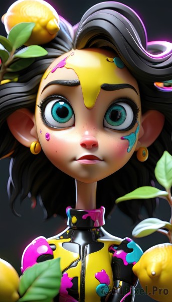 1girl,solo,looking at viewer,short hair,open mouth,black hair,jewelry,green eyes,upper body,flower,earrings,parted lips,food,medium hair,aqua eyes,lips,eyelashes,bodysuit,makeup,fruit,leaf,lipstick,black background,portrait,eyeshadow,freckles,wide-eyed,cyborg,lemon,blue eyes,hair ornament,multicolored hair,glowing,zipper,food-themed earrings