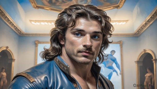 solo,long hair,looking at viewer,blue eyes,brown hair,shirt,1boy,closed mouth,jacket,upper body,male focus,solo focus,shiny,indoors,medium hair,lips,facial hair,pectorals,blue jacket,portrait,beard,realistic,mustache,door,chest hair,open clothes,muscular,manly,statue