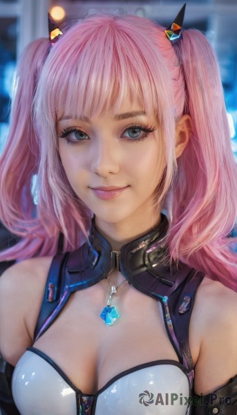 1girl,solo,long hair,breasts,looking at viewer,smile,bangs,blue eyes,hair ornament,cleavage,bare shoulders,twintails,jewelry,medium breasts,closed mouth,upper body,pink hair,artist name,necklace,blurry,two side up,lips,eyelashes,makeup,blurry background,cleavage cutout,pendant,realistic,nose,clothing cutout,gem