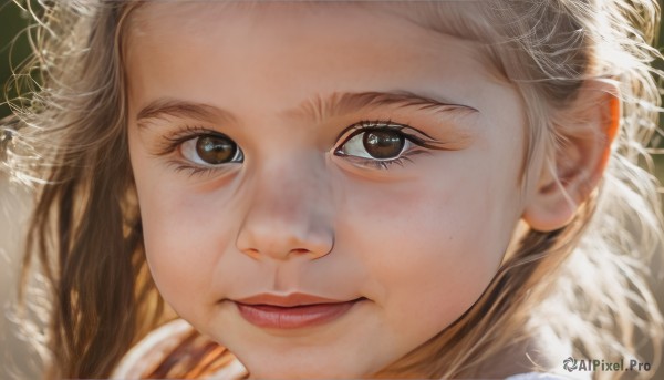 1girl,solo,long hair,looking at viewer,smile,blonde hair,brown hair,brown eyes,closed mouth,white hair,signature,blurry,lips,eyelashes,portrait,close-up,forehead,freckles,realistic,nose,light smile