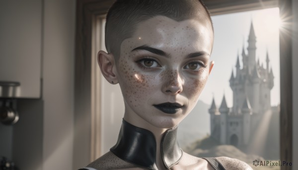 solo,looking at viewer,short hair,black hair,1boy,brown eyes,jewelry,closed mouth,male focus,earrings,indoors,blurry,lips,window,bodysuit,makeup,blurry background,sunlight,lipstick,portrait,freckles,stud earrings,very short hair,undercut,church,black lips,buzz cut,1girl,smile,dirty,castle