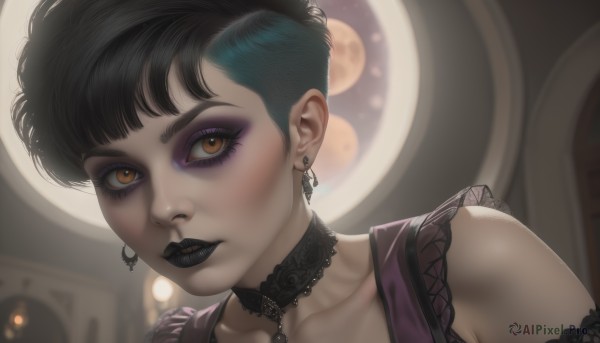 1girl,solo,looking at viewer,short hair,bangs,black hair,bare shoulders,brown eyes,jewelry,closed mouth,collarbone,earrings,choker,blurry,eyelashes,makeup,blurry background,black choker,lipstick,portrait,lace trim,lace,close-up,eyeshadow,asymmetrical hair,very short hair,undercut,purple lips,mascara,gothic,black lips,lace choker,yellow eyes,multicolored hair,parted lips,lips,orange eyes,night,moon,realistic,nose,eyeliner