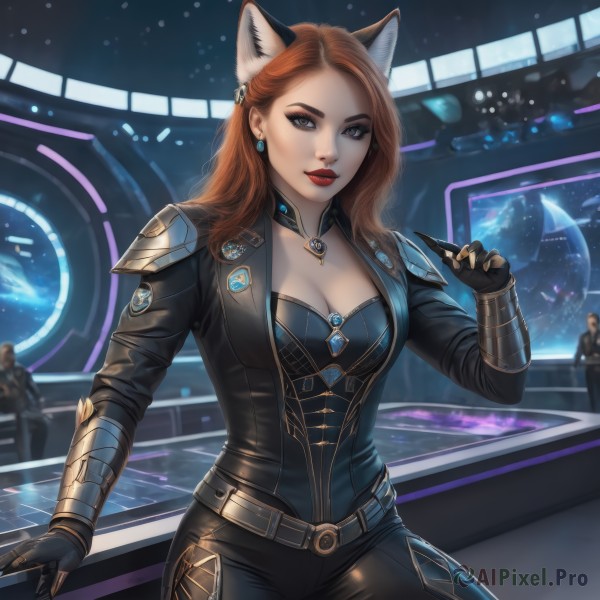 1girl,solo,long hair,breasts,looking at viewer,large breasts,brown hair,gloves,animal ears,cleavage,brown eyes,jewelry,medium breasts,sitting,earrings,solo focus,black gloves,belt,pants,cat ears,fingerless gloves,necklace,armor,lips,fox ears,bodysuit,makeup,gem,eyeshadow,red lips,space,planet,holding,standing,red hair,cowboy shot,multiple boys,choker,artist name,indoors,orange hair,mole,grey eyes,watermark,lipstick,fox girl,web address,freckles,realistic,black bodysuit