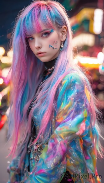 1girl,solo,long hair,looking at viewer,bangs,blue eyes,long sleeves,jewelry,closed mouth,blue hair,jacket,upper body,pink hair,multicolored hair,earrings,artist name,blunt bangs,necklace,star (symbol),blurry,from side,two-tone hair,lips,grey eyes,eyelashes,tattoo,makeup,depth of field,blurry background,facial mark,lipstick,eyeshadow,nose,eyeliner,facial tattoo,bokeh,mascara,choker,looking to the side,watermark,piercing,pink lips,realistic,facepaint,colorful