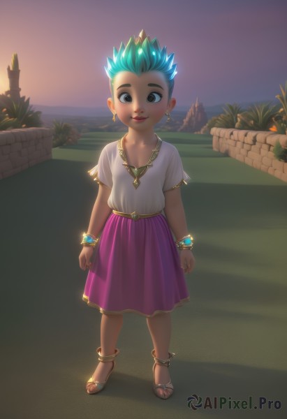 1girl,solo,looking at viewer,smile,short hair,skirt,shirt,brown eyes,jewelry,blue hair,standing,full body,white shirt,short sleeves,earrings,outdoors,green hair,dark skin,necklace,bracelet,lips,aqua hair,toes,glowing,sandals,grass,spiked hair,child,pink skirt,purple skirt,sunset,anklet,female child,glowing hair,aged down