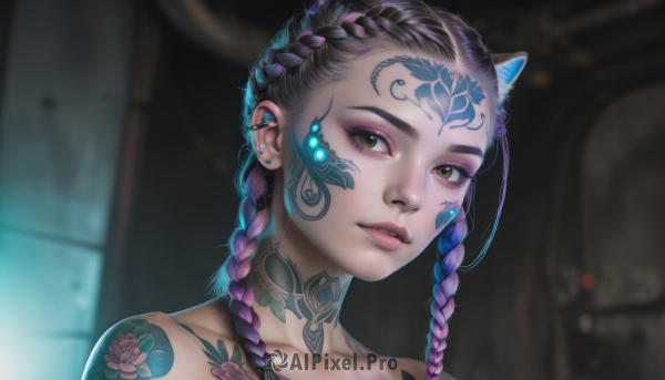 1girl,solo,long hair,looking at viewer,black hair,brown eyes,jewelry,green eyes,collarbone,yellow eyes,pink hair,purple hair,braid,multicolored hair,earrings,parted lips,blurry,twin braids,two-tone hair,lips,tattoo,gradient hair,makeup,blurry background,facial mark,piercing,ear piercing,portrait,eyeshadow,nose,stud earrings,eyeliner,arm tattoo,mascara,cyberpunk,neck tattoo,multiple braids,teeth,choker,eyelashes,realistic,facial tattoo