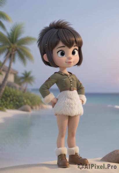 1girl,solo,smile,short hair,brown hair,black hair,brown eyes,closed mouth,standing,jacket,full body,boots,outdoors,sky,day,water,blurry,black eyes,tree,fur trim,blurry background,ocean,beach,child,hands on hips,palm tree,female child,dress,uniform,lips,military,military uniform,realistic,sand