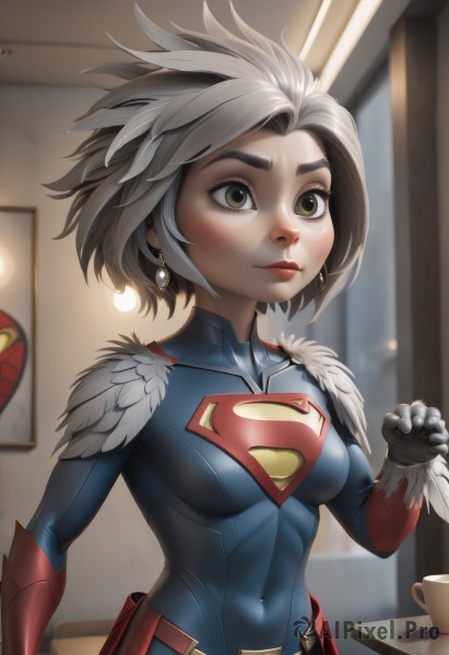 1girl,solo,breasts,smile,short hair,brown hair,gloves,brown eyes,jewelry,medium breasts,closed mouth,upper body,white hair,grey hair,multicolored hair,earrings,artist name,indoors,hand up,armor,blurry,two-tone hair,cup,lips,fur trim,bodysuit,covered navel,makeup,blurry background,table,thick eyebrows,skin tight,genderswap (mtf),mug,nose,red lips,coffee,superhero,blue bodysuit,blush,small breasts,belt,feathers,genderswap,teacup,utility belt