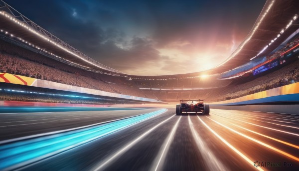 outdoors,sky,cloud,no humans,sunlight,cloudy sky,ground vehicle,building,scenery,motor vehicle,sunset,light rays,sun,car,light,sunbeam,crowd,lights,stadium,lens flare,realistic,road,vehicle focus