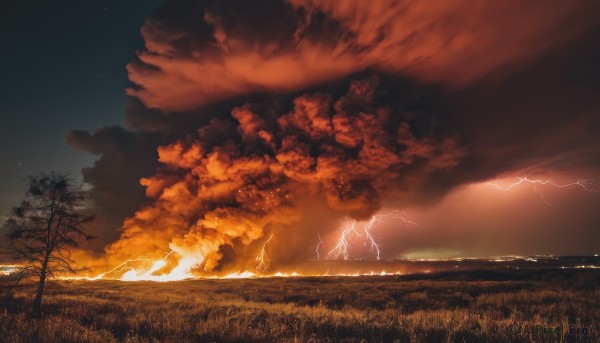 outdoors,sky,cloud,tree,dutch angle,no humans,night,cloudy sky,grass,star (sky),nature,scenery,starry sky,sunset,horizon,electricity,field,lightning,red sky,night sky,bare tree,landscape