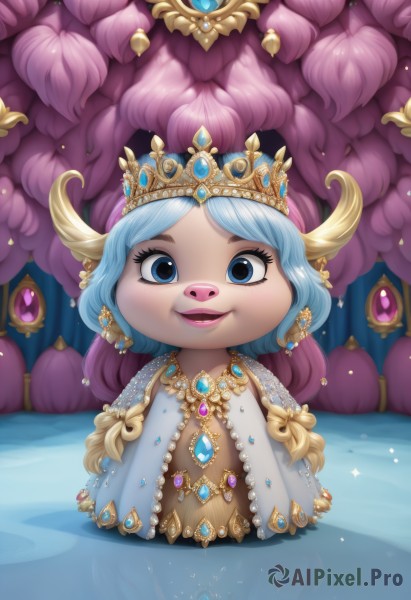 1girl,solo,looking at viewer,smile,short hair,open mouth,blue eyes,dress,jewelry,blue hair,standing,full body,horns,chibi,lips,eyelashes,sparkle,makeup,tiara,crown,gem,long hair,pink hair,purple hair,multicolored hair,earrings,parted lips,artist name