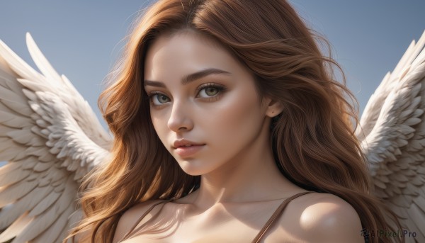 1girl,solo,long hair,looking at viewer,simple background,brown hair,bare shoulders,brown eyes,closed mouth,collarbone,upper body,wings,lips,eyelashes,blue background,wavy hair,portrait,feathered wings,angel wings,realistic,nose,white wings,angel,jewelry,earrings,parted lips,sky,day,blue sky,sunlight,thick eyebrows