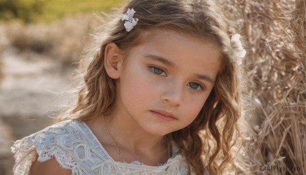 1girl,solo,long hair,looking at viewer,brown hair,hair ornament,brown eyes,jewelry,closed mouth,flower,outdoors,day,hair flower,necklace,blurry,lips,eyelashes,depth of field,blurry background,wavy hair,expressionless,portrait,close-up,forehead,freckles,realistic,nose,dress,upper body,hairclip,sunlight,lace